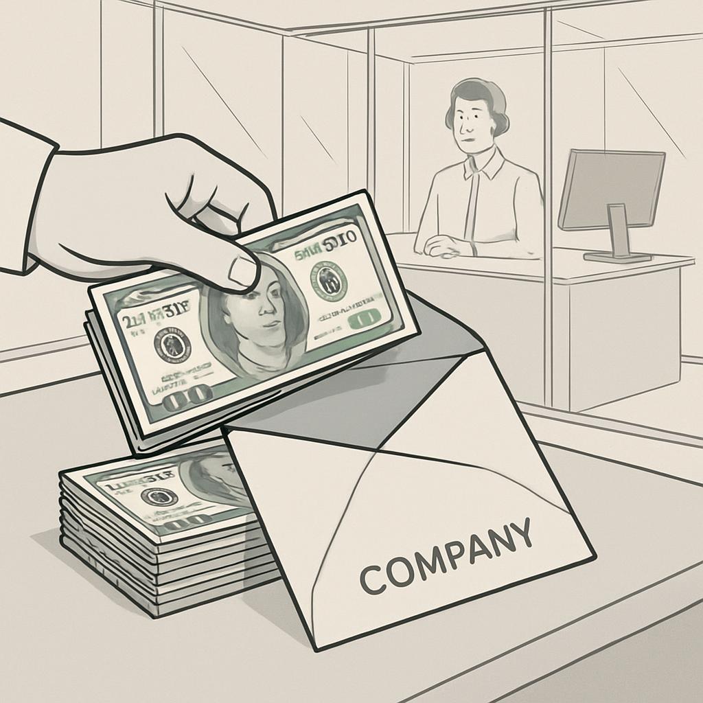 A company depositing money in an envelope, which is then being placed in a stack on a counter.