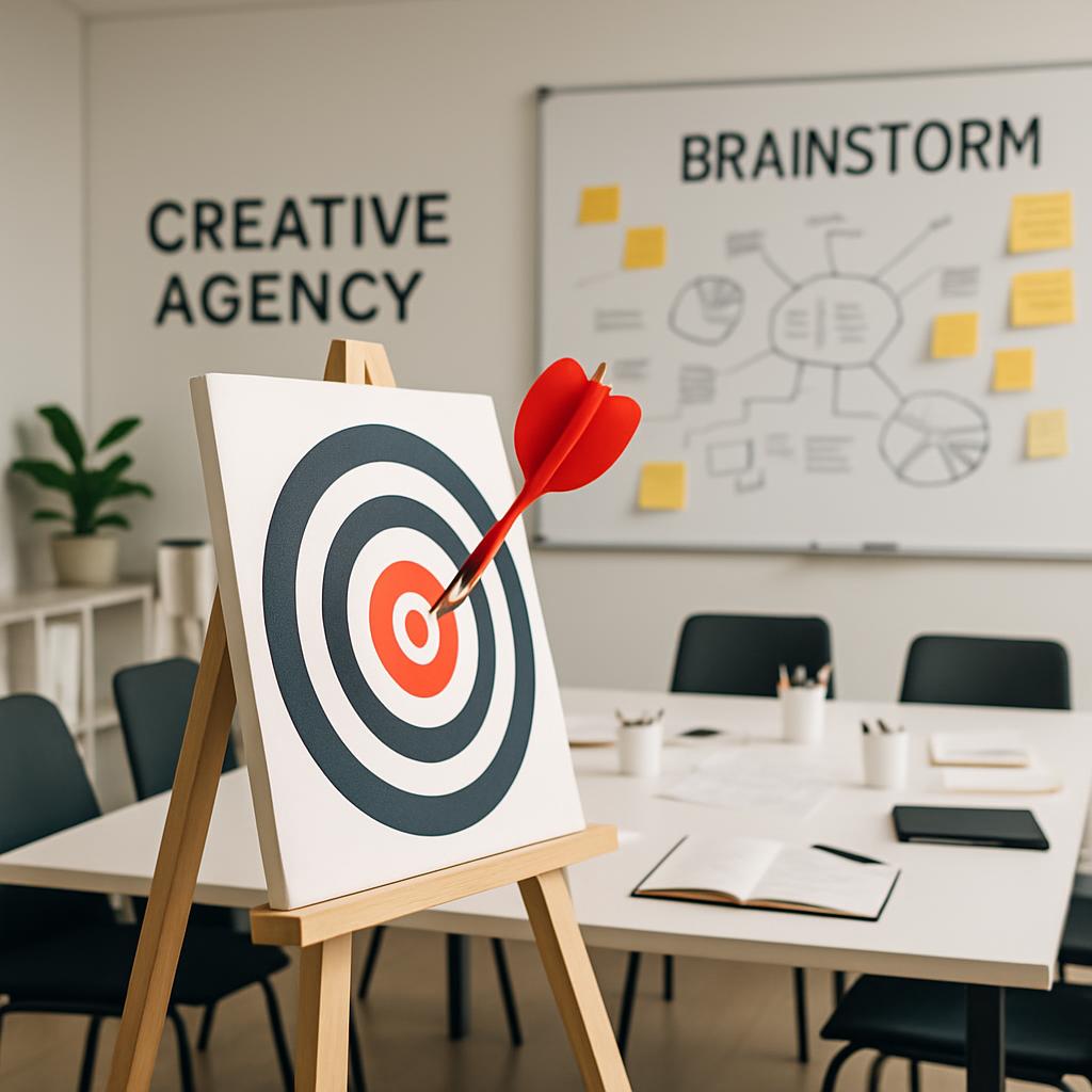 Diseño de oficina con una tabla dibujando una carrera y una agencia creativa al fondo.